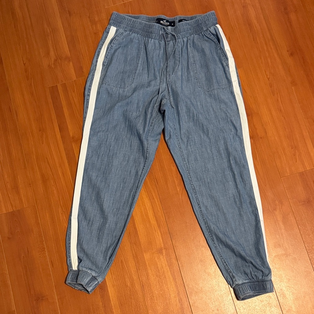 Hollister Denim Blue Joggers with Cream Stripes